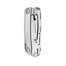A closed Leatherman Rev Multitool made of stainless steel with a locking blade is shown standing upright on a white background.