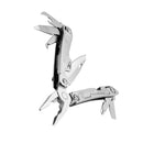 A Leatherman Rev Multitool in silver, featuring pliers, a locking blade, bottle opener, and several fold-out tools, is displayed on a white background.