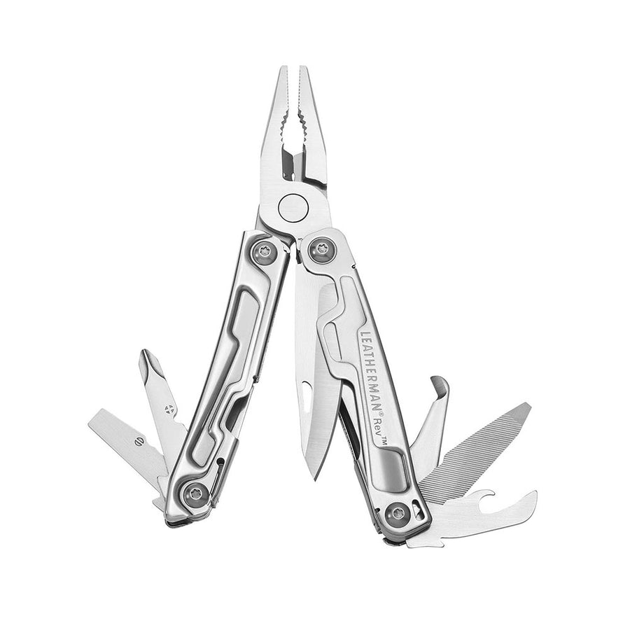 The Leatherman Rev Multitool is shown with pliers open and multiple tools extended—including a locking blade, file, screwdriver, and bottle opener—against a white background.