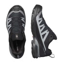 Black and gray hiking shoes with Salomon brand logo on a white background