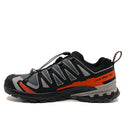 The Salomon Mens XA Pro 3D V9 GORE-TEX Trail Shoe is black and gray with orange accents, a rugged sole for technical terrain, quick-lace system, XA PRO 3D label, and GORE-TEX technology for superior waterproof protection.