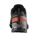 Back view of a Salomon XA PRO GTX black and gray hiking shoe with orange accents on a white background