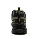 Rear view of a black and gray Salomon Mens XA Pro 3D V9 GORE-TEX trail shoe with neon yellow accents, a striped heel pull tab, and branding—waterproof and built for technical terrain.