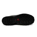The image shows the sole of the Salomon Mens XA Pro 3D V9 GORE-TEX Trail Shoe, featuring a black, waterproof design with rugged tread for technical terrain and a red triangular detail near the center.