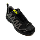 The Salomon Mens XA Pro 3D V9 GORE-TEX Trail Shoe features a black mesh upper with gray accents, GORE-TEX lining, quick-lace system, and small yellow tongue detail; designed for technical terrain and shown on a white background.