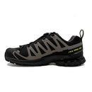The Salomon Mens XA Pro 3D V9 GORE-TEX Trail Shoe is black and gray with yellow XA PRO 3D text, rugged tread for technical terrain, mesh upper, GORE-TEX lining, and a heel pull tab, shown in side view on a white background.