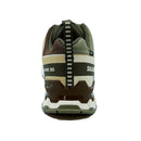 Rear view of the Salomon Mens XA Pro 3D V9 GORE-TEX Trail Shoe in green, brown, and beige, featuring a striped pull tab, dark brown heel accent, side branding, and a rugged tread for technical terrain.