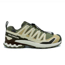 The Salomon Mens XA Pro 3D V9 GORE-TEX Trail Shoe features a green and beige waterproof design, rugged sole, black laces, and side branding—built for technical terrain.