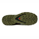 Pictured is the sole of the Salomon Womens XA Pro 3D V9 GORE-TEX Trail Shoe, shown tread-up on a white background. The olive green, black, and red rugged sole offers excellent traction for technical terrain.