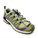 The Salomon Womens XA Pro 3D V9 GORE-TEX Trail Shoe in beige and purple features a black quick-lace system, mesh panels, GORE-TEX waterproofing, and a rugged sole for technical terrain, shown angled on a white background.