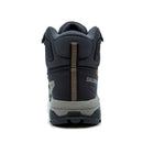 The Salomon Womens X-Ultra 5 Mid GORE-TEX Hiking Boot is shown from the back in black and gray, with a textured Matryx upper, yellow-striped pull tab, and Salomon branding on the side against a plain white background.