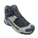The Salomon Womens X-Ultra 5 Mid GORE-TEX Hiking Boot features a gray and black design, rugged tread, mesh panels, high ankle collar, black laces, white S logo on the tongue, and GORE-TEX waterproofing for all-weather hikes.