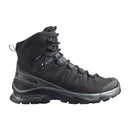 The Men’s Quest 5 GORE‑TEX Hiking Boot by Salomon is black with high ankle support, sturdy tread, lace-up closure, and 4D Advanced Chassis technology, shown in side profile on a white background.