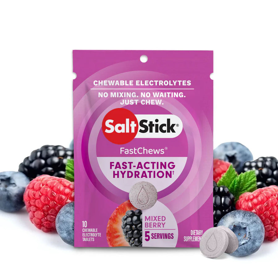 SaltStick FastChews packaging with mixed berry flavor on a white background