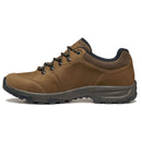 A side profile of the Scarpa Men’s Cyrus 2 GTX is shown against a white background, featuring brown leather uppers, black laces threaded through metal eyelets, a padded black collar, and a textured black rubber sole. The Scarpa Men’s Cyrus 2 GTX combines premium waterproof protection with outstanding durability and comfort for walking or hiking.
