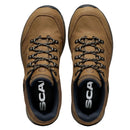A top view of a pair of brown waterproof Scarpa Men’s Cyrus 2 GTX hiking shoes featuring black and white laces, black soles, and Scarpa branding on the black insoles. Inspired by the comfort and durability characteristic of premium leather walking shoe designs, these shoes are crafted to support every adventure.
