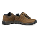 Pair of brown low-top waterproof hiking shoes, such as the Scarpa Men’s Cyrus 2 GTX, with black soles and laces, shown from the side and back on a white background.