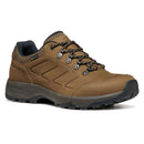 The Scarpa Men’s Cyrus 2 GTX is a brown leather hiking shoe featuring black laces, metal eyelets, a rugged tread, and a padded ankle collar for comfort. Designed for outdoor use, this walking shoe is shown in a side view.