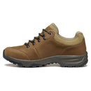 The Scarpa Women’s Cyrus 2 GTX is a brown waterproof hiking shoe featuring black and brown laces, a black sole, and a padded tan collar, displayed in a left-side profile on a white background.