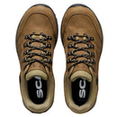 A pair of Scarpa Women’s Cyrus 2 GTX brown leather walking shoes with black and yellow laces is viewed from above, highlighting the insoles and detailed stitching.