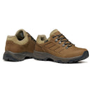 A pair of Scarpa Women’s Cyrus 2 GTX walking shoes in brown and tan, featuring black laces and rugged black soles, are displayed with one shoe facing forward and the other turned to the side. These GORE-TEX waterproof hiking shoes are designed to keep your feet dry and comfortable on any trail.