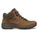 Men’s Cyrus 2 Mid GTX by Scarpa in brown, featuring a black sole with rugged tread, black laces, and signature SCARPA branding on the side. This waterproof hiking boot offers an ankle-high design with reinforced eyelets, a GORE-TEX membrane for superior weather protection, and subtle stitched accents. The boot is presented against a white background.