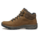 A left side profile image of the Scarpa Men’s Cyrus 2 Mid GTX walking boot in brown, featuring black and brown laces threaded through metal eyelets, a padded ankle collar, a black rubber sole, and waterproof GORE-TEX membrane detailing, displayed against a white background.