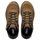 A top-down view of a pair of Scarpa Men’s Cyrus 2 Mid GTX hiking boots in brown, featuring black and white laces, black soles, and padded black interiors, positioned side by side on a white background. These waterproof walking boots are equipped with a durable GORE-TEX membrane for dependable protection in wet conditions.