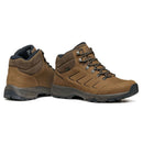 Pair of brown Scarpa Men’s Cyrus 2 Mid GTX hiking boots with black laces and rugged soles, showcasing a waterproof walking boot design with a GORE-TEX membrane, displayed from the side and back angles on a white background.