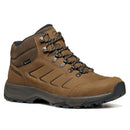 The Scarpa Men’s Cyrus 2 Mid GTX is a brown waterproof walking boot with a black sole, black laces, metal eyelets, a reinforced toe, and side branding. It features a GORE-TEX membrane for dependable protection and comfort on any outdoor adventure.