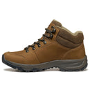 The Scarpa Women’s Cyrus 2 Mid GTX is a brown GORE-TEX mid boot featuring black and brown laces, padded ankle support, a black rugged sole, and visible stitching, shown from the side against a white background.