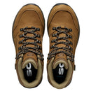 Top view of a pair of Women’s Cyrus 2 Mid GTX boots by Scarpa in brown, featuring black and white laces, black soles, and visible padded ankle collars. The insoles display white “SC” letters on a black background. These GORE-TEX waterproof hiking boots are placed side by side.