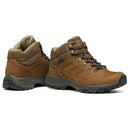 A pair of Scarpa Women’s Cyrus 2 Mid GTX hiking boots in brown, designed for women. These mid-top boots feature black laces, rugged soles, and GORE-TEX construction for waterproof protection on the trail. One boot is shown upright while the other is angled to display the inner side.