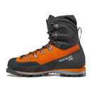 The Scarpa Men’s Mont Blanc Pro GTX is a high-cut technical mountaineering boot in orange and black, featuring rugged soles, metal eyelets, and “Mont Blanc Pro” text on the side—ideal for trekking or climbing in challenging alpine conditions.