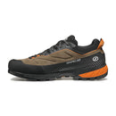 The Scarpa Men’s Rapid XT GORE-TEX is a brown, black, and orange outdoor hiking shoe featuring a rugged tread, low-cut design, RAPID XT branding on the side, and advanced GORE-TEX ePE technology for a waterproof approach—perfectly built for any adventure.