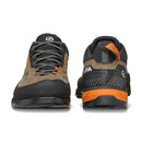 A pair of Scarpa Men’s Rapid XT GORE-TEX hiking shoes shown from the front and back. They are gray and orange with black soles, patterned laces, and suede accents. Designed as waterproof approach shoes featuring advanced GORE-TEX ePE technology, the Scarpa logo appears on the tongue and heel.