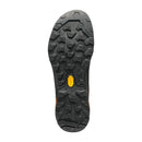 The image displays the tread pattern on the sole of the Scarpa Men’s Rapid XT GORE-TEX approach shoe in black, highlighting its deep, angular lugs and a central yellow Vibram logo. The GORE-TEX ePE lining provides protection against the elements, making this Scarpa hiking shoe’s sole ideal for reliable traction on rugged terrain.