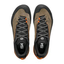 Top view of a pair of Scarpa Men’s Rapid XT GORE-TEX climbing shoes in brown and black, featuring gray and black laces, orange accents, and visible SC and Ortholite branding on the black insoles—engineered as rugged waterproof approach shoes ideal for hiking in varied conditions.