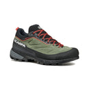 A Scarpa Women’s Rapid XT GORE-TEX approach shoe in green and black, featuring red and black laces, a rugged Vibram Megagrip sole, reinforced toe, and advanced GORE-TEX ePE waterproof protection, photographed on a white background.