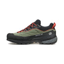 The Scarpa Women’s Rapid XT GORE-TEX is a green and black outdoor shoe with red accents and a rugged sole, featuring RAPID XT text on the side. This waterproof approach shoe offers superior traction with Vibram Megagrip and keeps your feet dry thanks to its GORE-TEX ePE membrane—ideal for hiking or trail adventures.