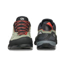 Front and back views of the Scarpa Women’s Rapid XT GORE-TEX hiking shoe in green and black, featuring red laces, a black toe cap, and a textured Vibram Megagrip sole, showcased on a white background.