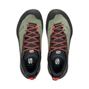 A pair of Scarpa Women’s Rapid XT GORE-TEX approach shoes in green with black Vibram Megagrip soles and red-striped laces, seen from above on a white background.
