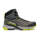 The Men’s Rush TRK GORE-TEX by Scarpa is a gray and black hiking boot with yellow accents, black laces, and a rugged sole. Featuring the Scarpa logo in white on the side, this waterproof trekking boot offers a high ankle design for enhanced support.