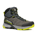 The SCARPA Men’s Rush TRK GORE-TEX is a gray and black waterproof trekking boot featuring yellow accents, SCARPA branding on the side, rugged tread, a reinforced toe, and yellow-striped laces—ideal for outdoor activities.