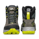 A pair of Scarpa Men’s Rush TRK GORE-TEX lightweight walking boots in gray with yellow accents, displayed from the front and back on a white background.