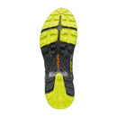 The image shows the sole of the Scarpa Men’s Rush TRK GORE-TEX running shoe, featuring a tread pattern with bright yellow and black sections. The word ARESTA appears in orange at the center of the sole, highlighting design elements reminiscent of durable GORE-TEX hiking boots.