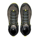 A pair of Scarpa Men’s Rush TRK GORE-TEX hiking boots in gray, shown from above, featuring black and yellow laces, black soles, and bold yellow accents. These lightweight boots combine high-performance design with eye-catching style.