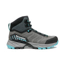 Introducing the Scarpa Women’s Rush TRK GORE-TEX hiking boot, designed with a gray and black color scheme accented by turquoise details. This high-ankle boot features a rugged sole for superior traction, SCARPA branding on the side, and a lace-up closure. Crafted with durable materials and GORE-TEX waterproof protection, it’s perfect for outdoor adventures in any weather.