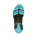 A close-up view of the sole of the Scarpa Women’s Rush TRK GORE-TEX hiking boot, showcasing its black and light blue tread with the orange word “PRSR” printed in the center. This waterproof GORE-TEX boot is photographed against a white background.