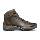 A side-profile image of the Scarpa Men’s Terra GTX Hiking Boot is shown on a white background, featuring brown leather, black laces threaded through metal eyelets, and a rugged black-and-gray sole—an excellent choice for those seeking durable, waterproof walking boots.